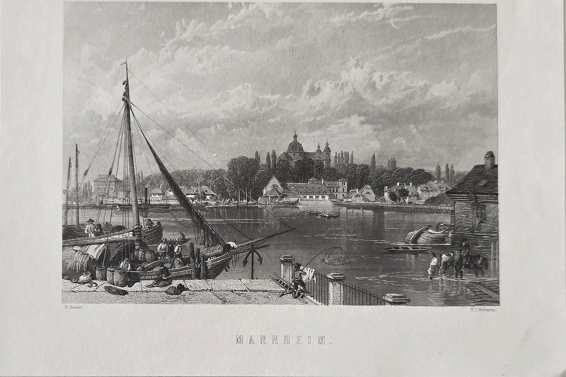 Hafenlandschaft mit Segelschiff im Vordergrund