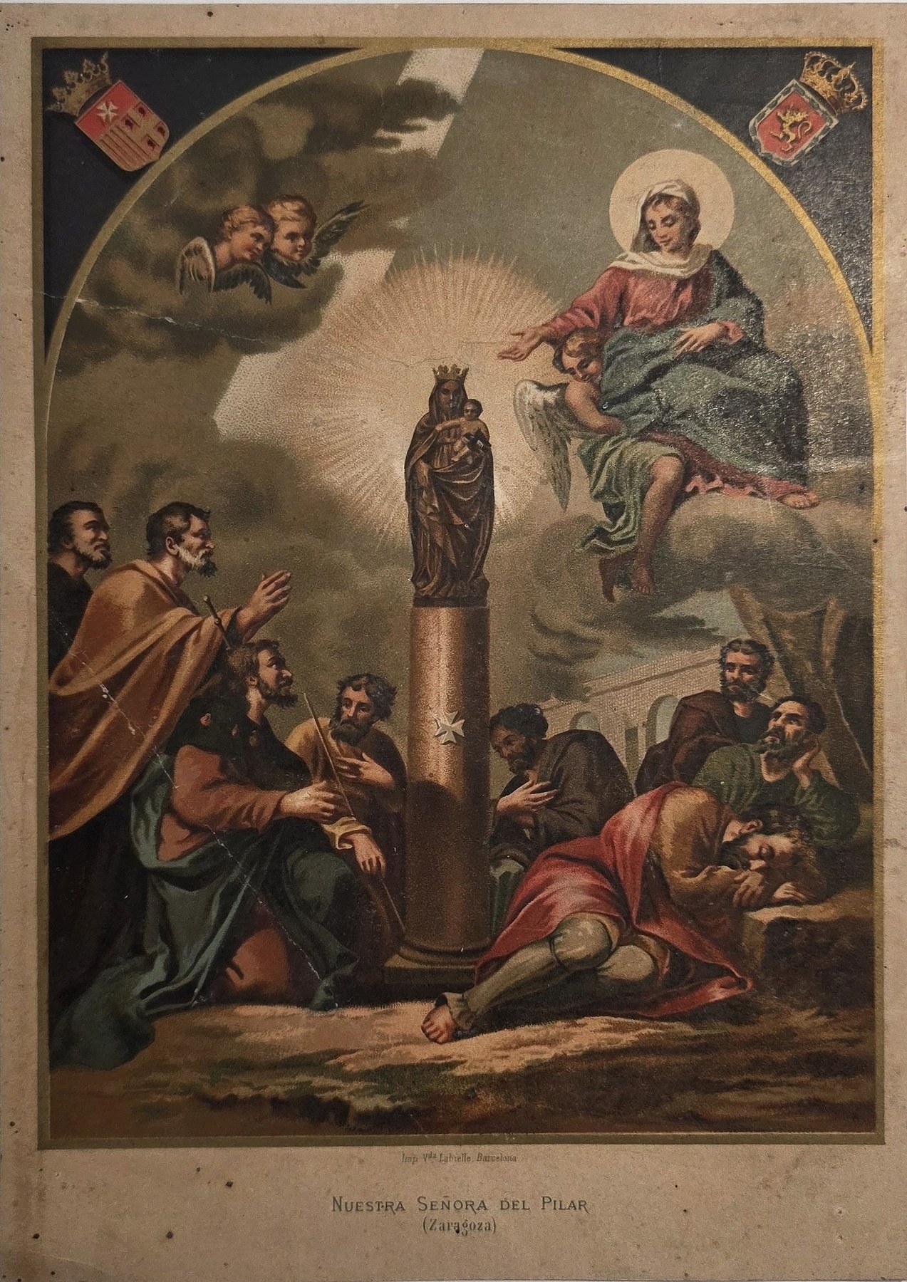 Sakrale historische Darstellung – Farbiges Altarbild mit Madonna und zahlreichen Heiligen
