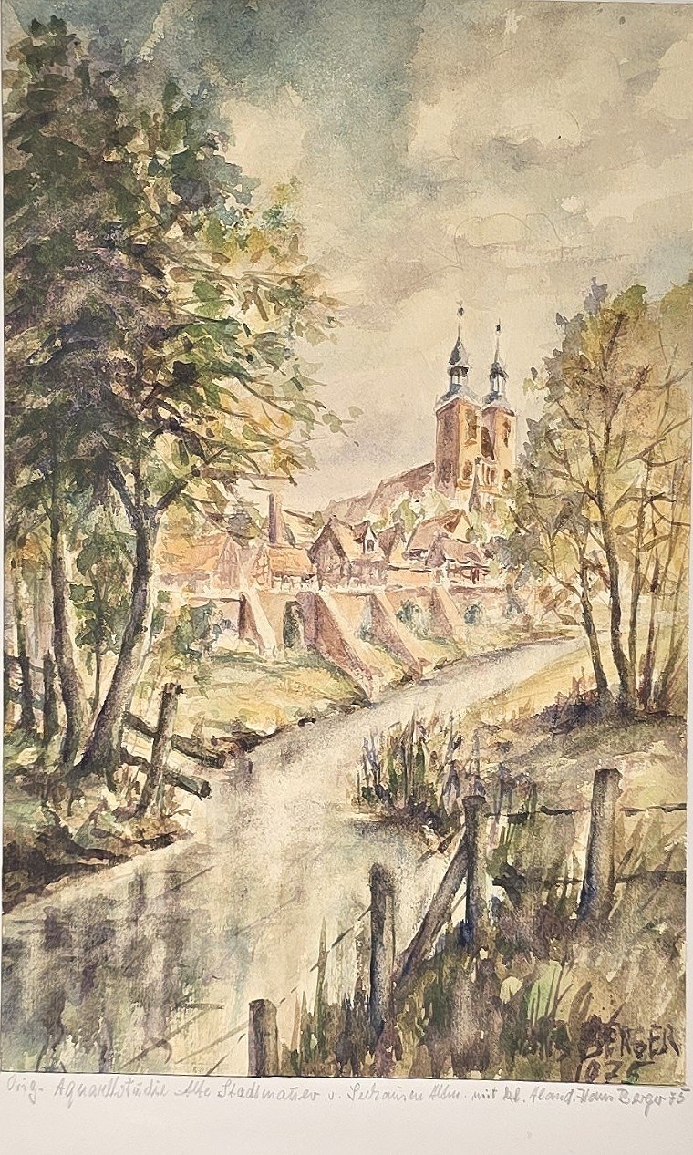 Aquarell mit Bachlauf und Doppelturm im Hintergrund