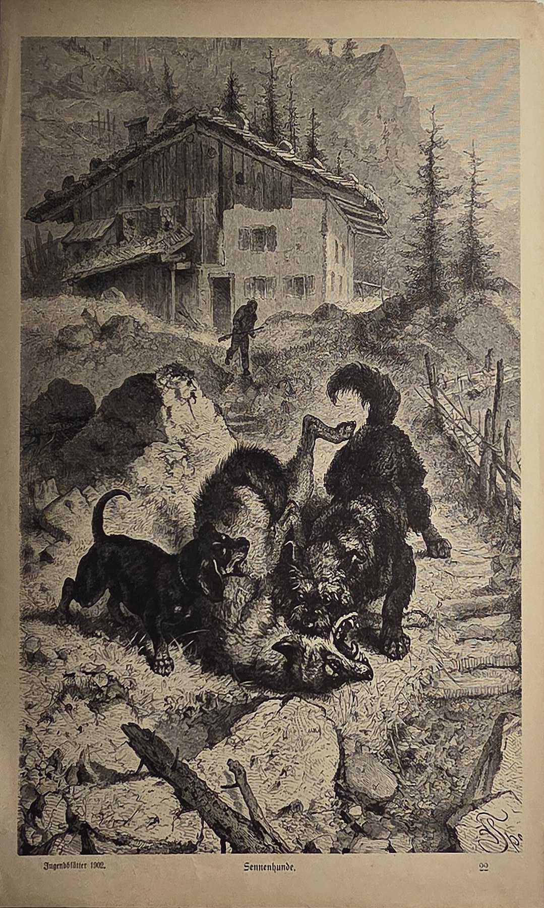 Historische Landschaftsdarstellung – Hunde vor ländlichem Haus im Gebirge