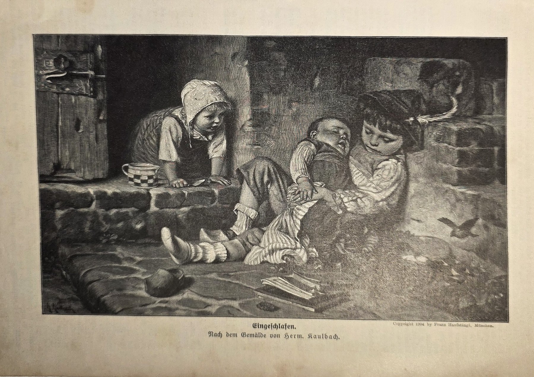 Historische figürliche Darstellung – Familie bei Küchenarbeit