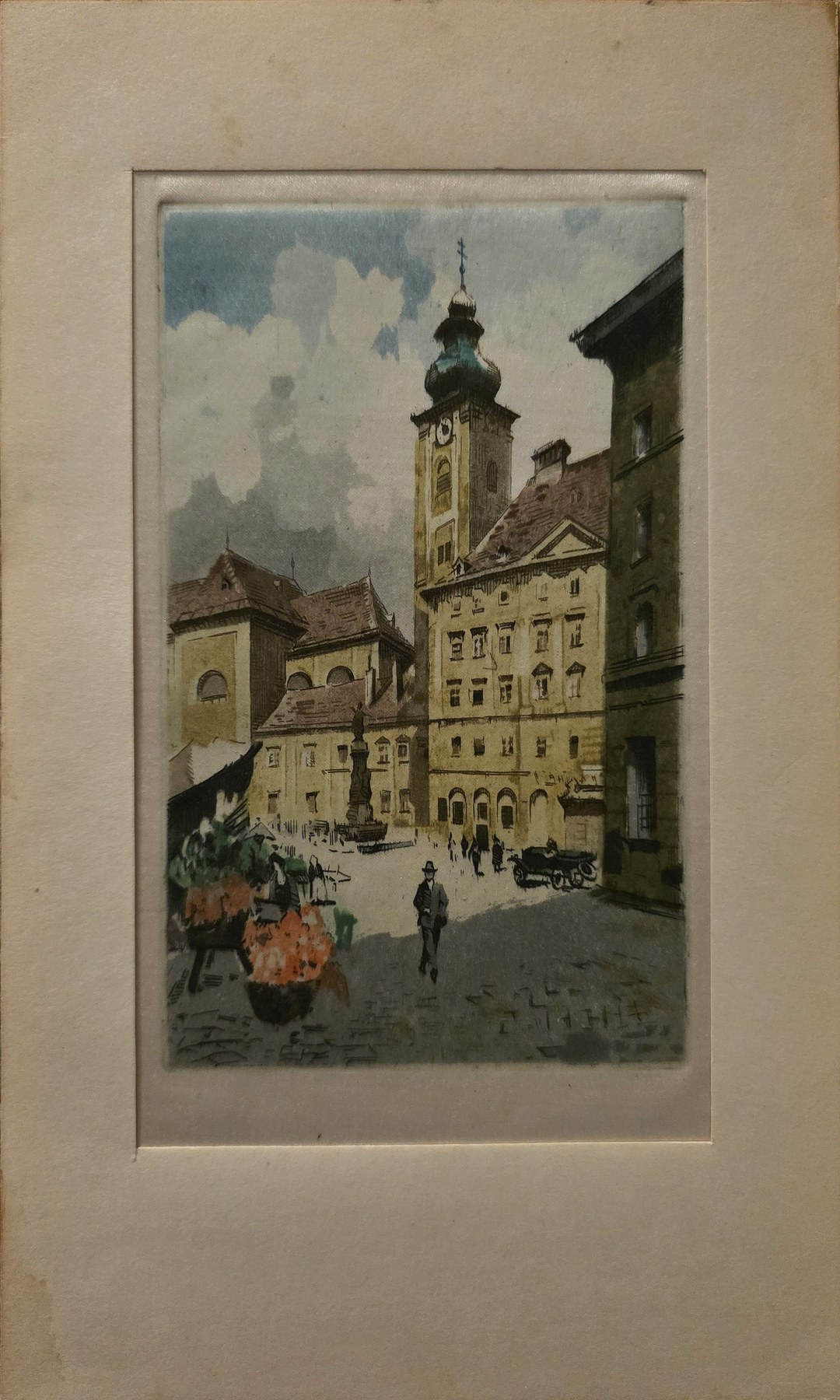 Sakrale historische Darstellung – Historische Stadtgrafik mit Kirche und Platz