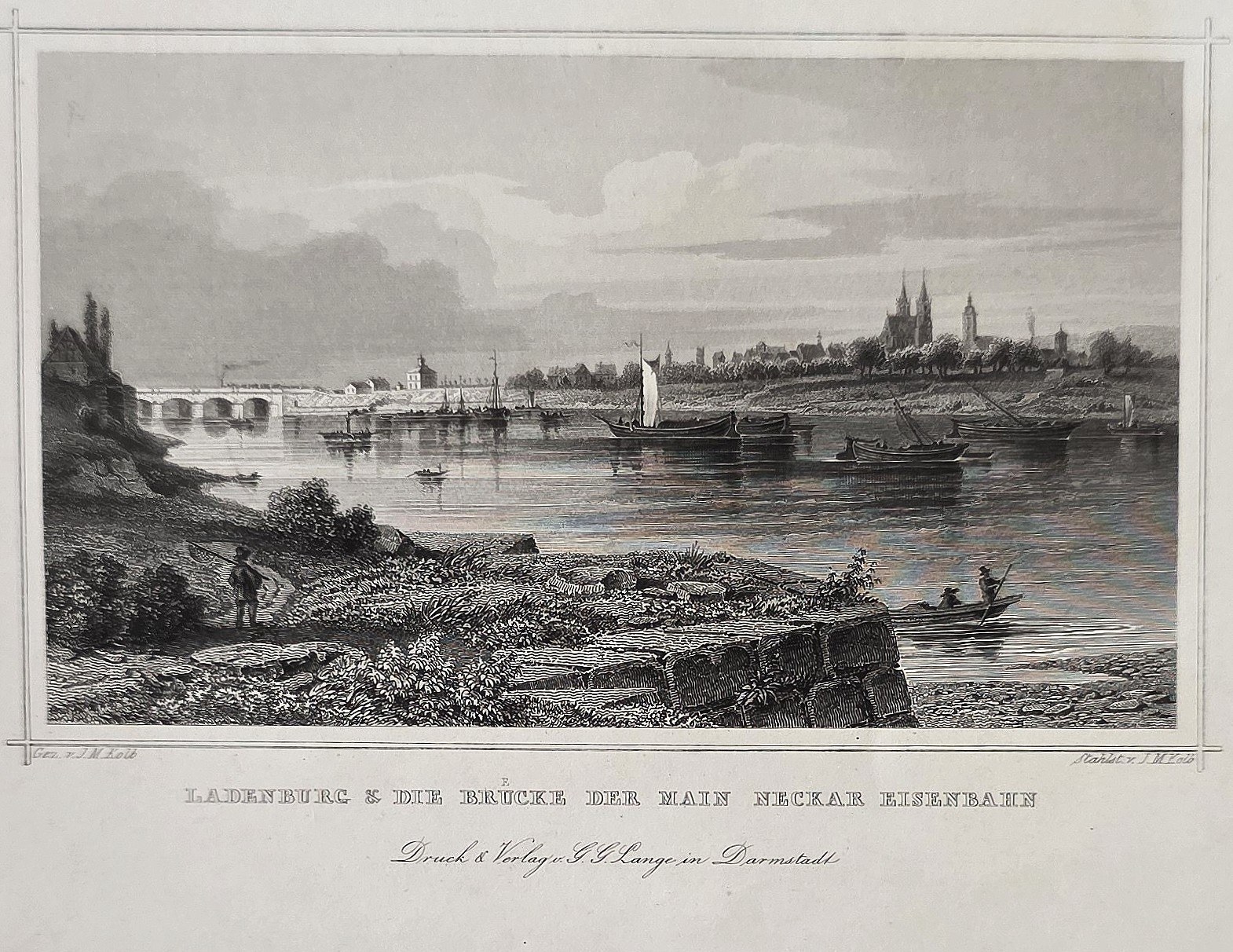 Historische Architekturdarstellung – Flussufer mit Brücke und Fernstadt