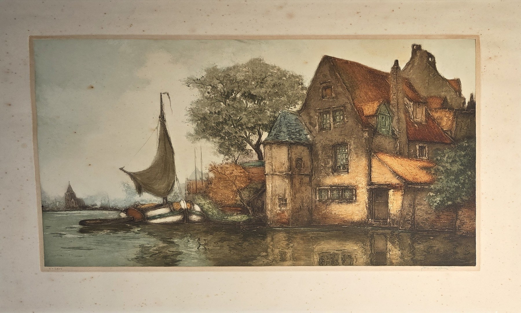 Historische Landschaftsdarstellung – Uferlandschaft mit Häusern und Segelbooten