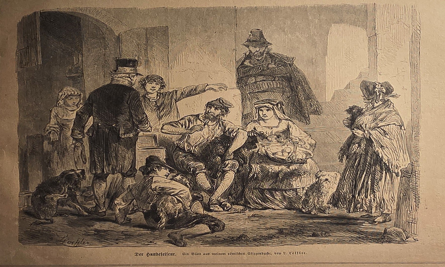 Historische Darstellung – Gesellige Runde mit zahlreichen Hunden