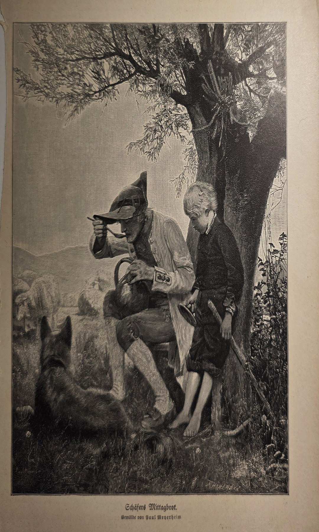 Reiter und Begleiter an einem mächtigen Baum