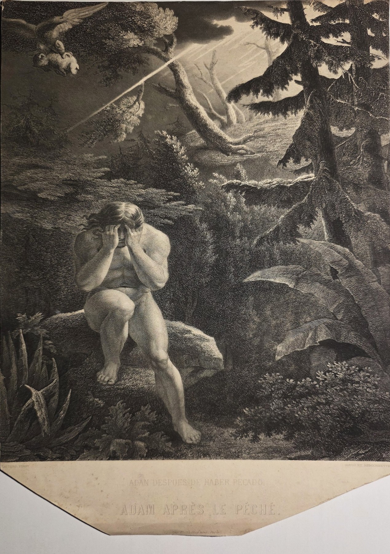 Historische Landschaftsdarstellung – Figur in felsiger Waldlandschaft mit Lichtstrahl