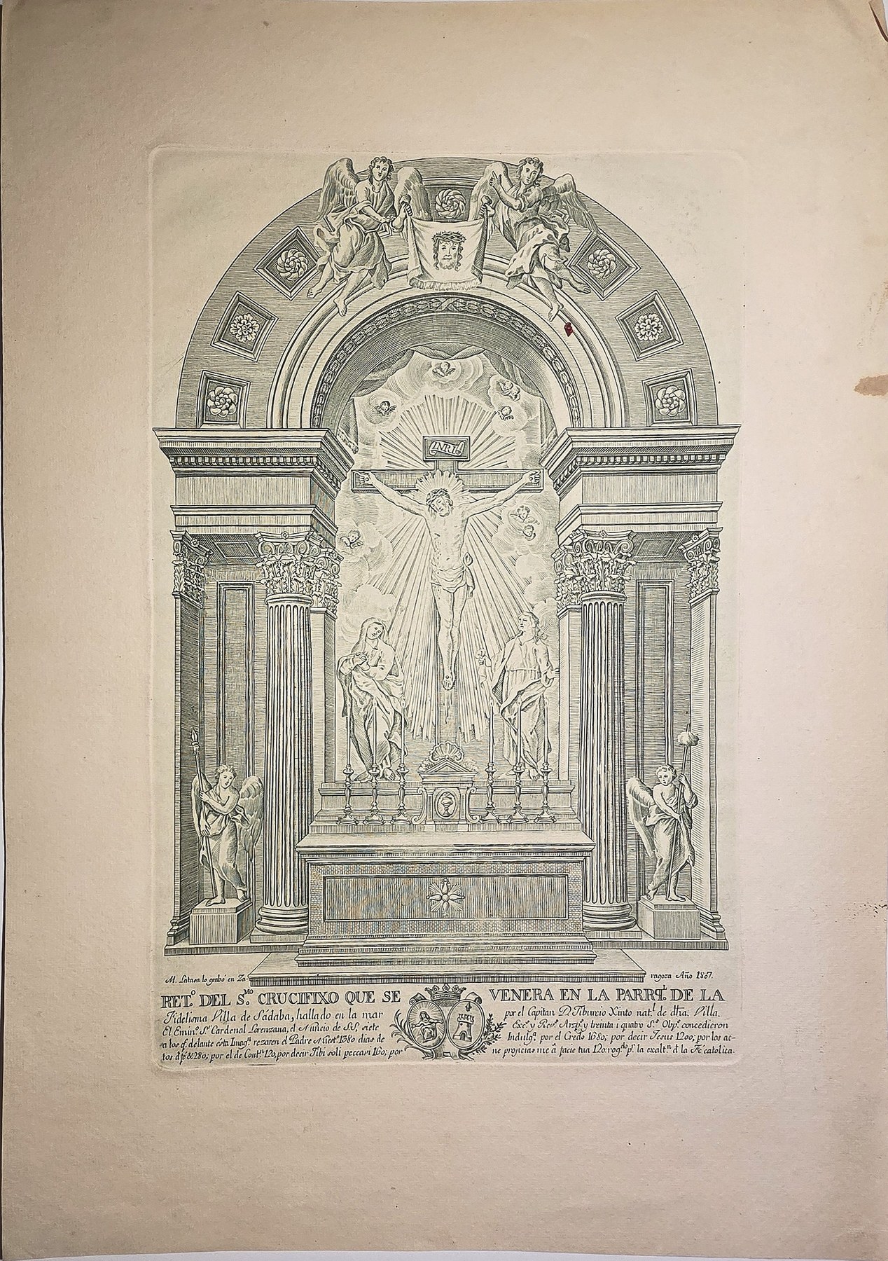 Sakrale historische Darstellung – Architektonische Andachtsnische mit zentraler Heiligenfigur