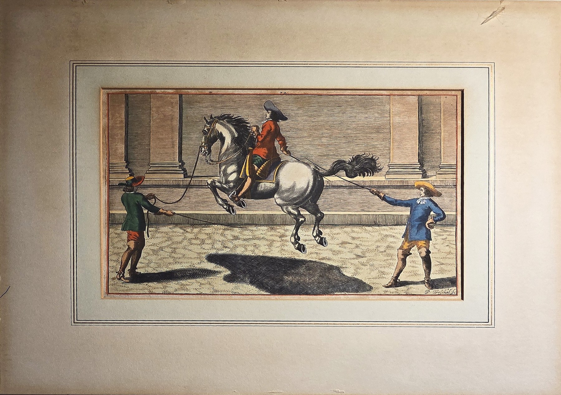 Kolorierter mit Reiter und springendem Pferd