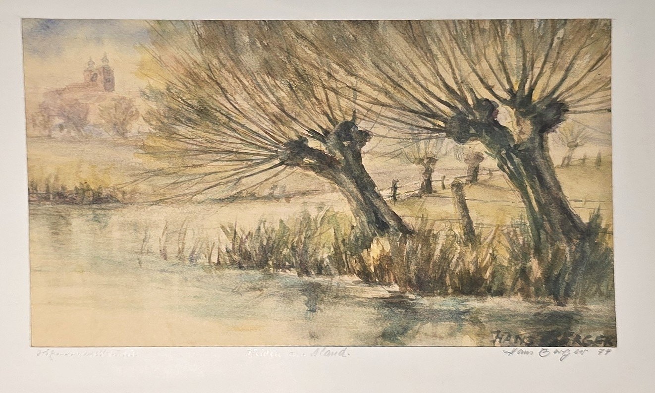 Aquarell mit Kopfweiden in weiter Feldlandschaft
