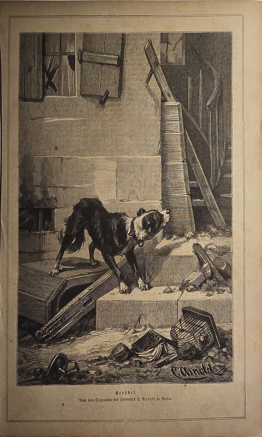 Hund auf Treppe im Werkstattinterieur