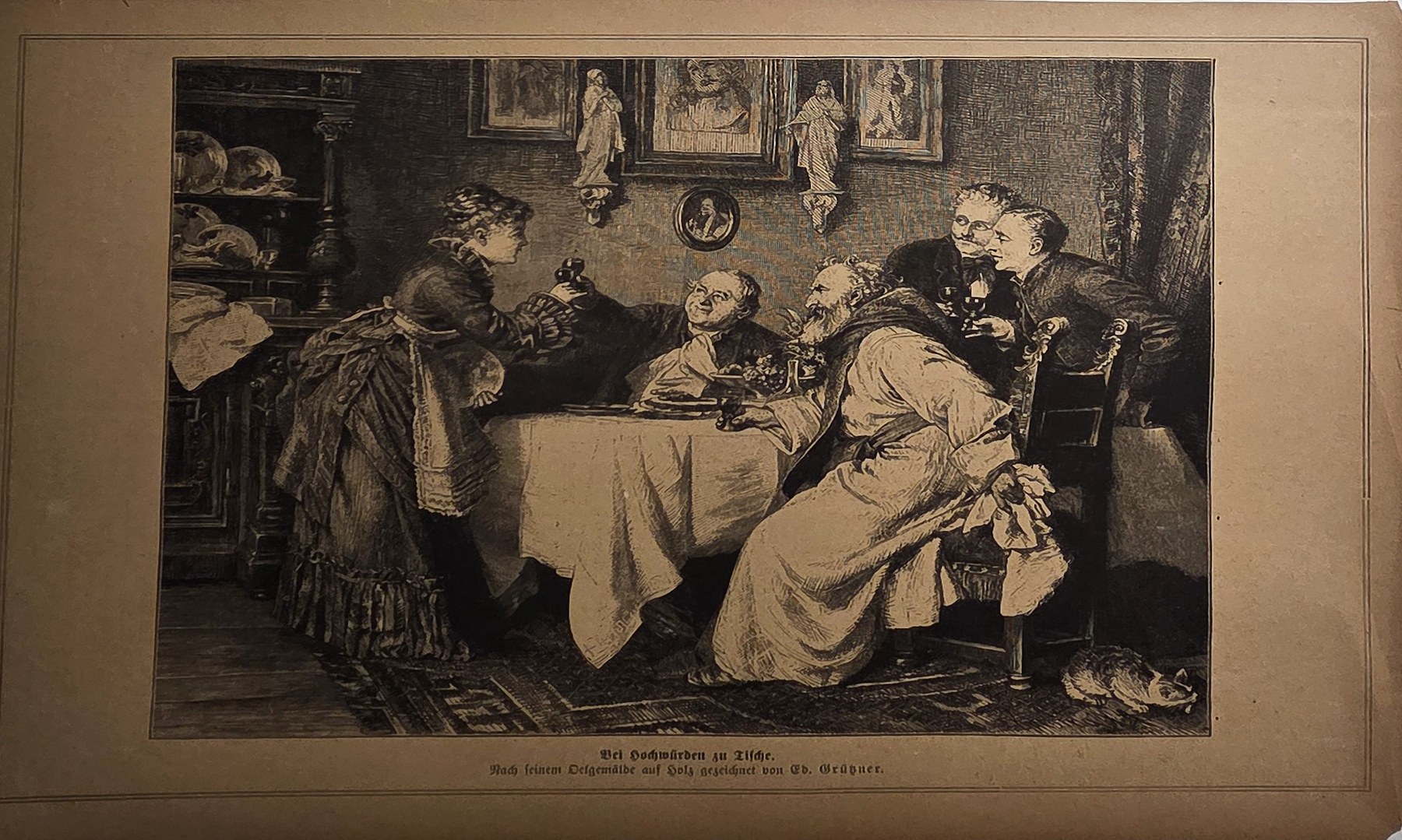 Historische figürliche Darstellung – Angespannte Familienszene an gedecktem Tisch