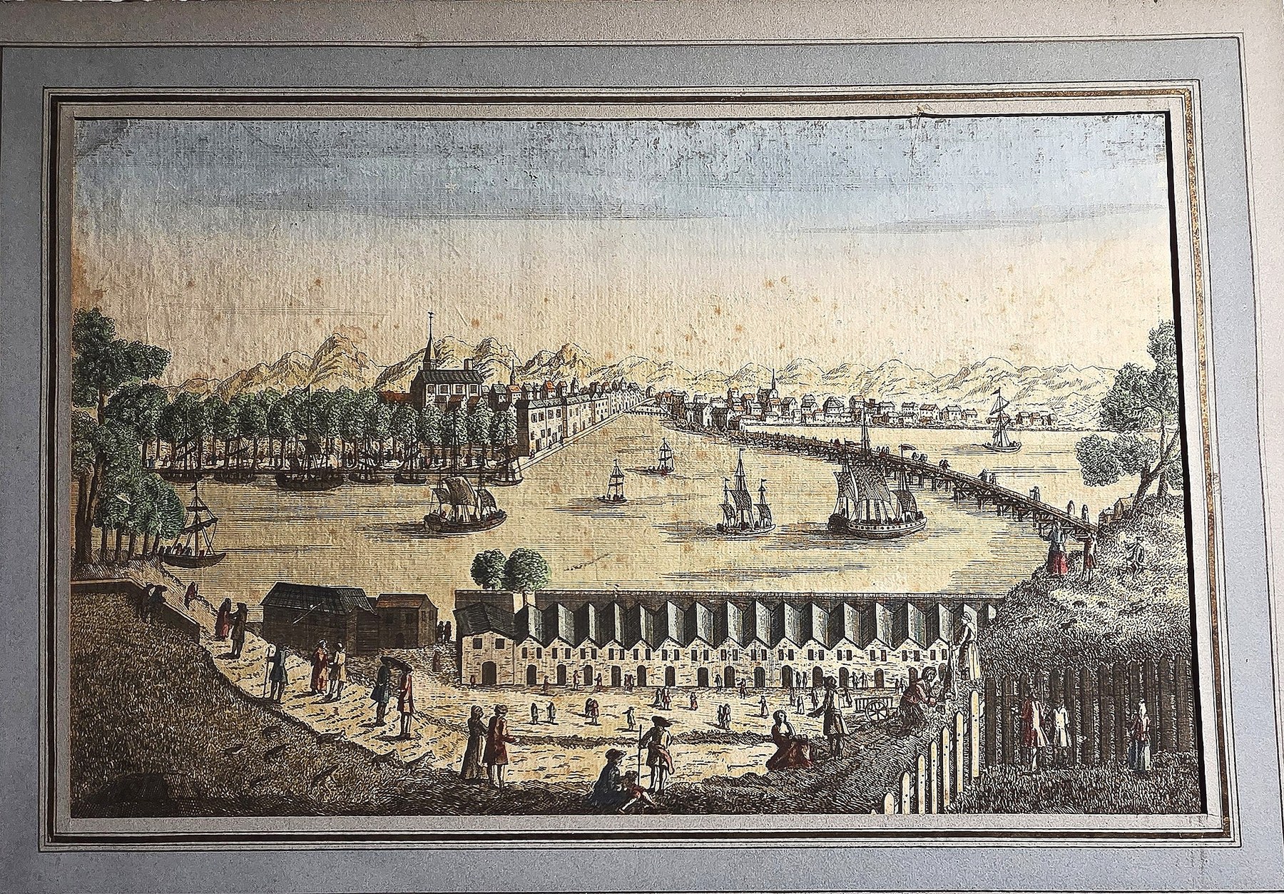 Kolorierter einer weitläufigen Stadt- und Gartenansicht