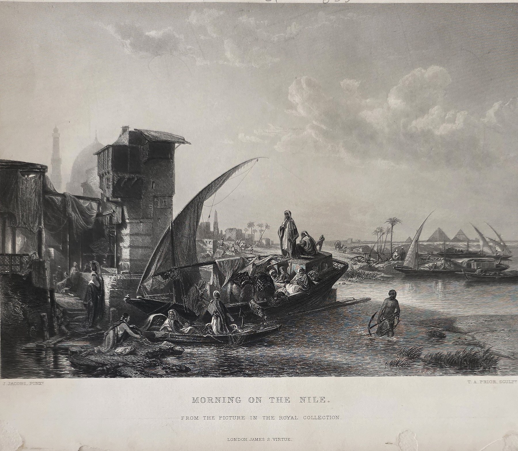 Historische Landschaftsdarstellung – Boote am Fluss mit orientalischer Uferkulisse