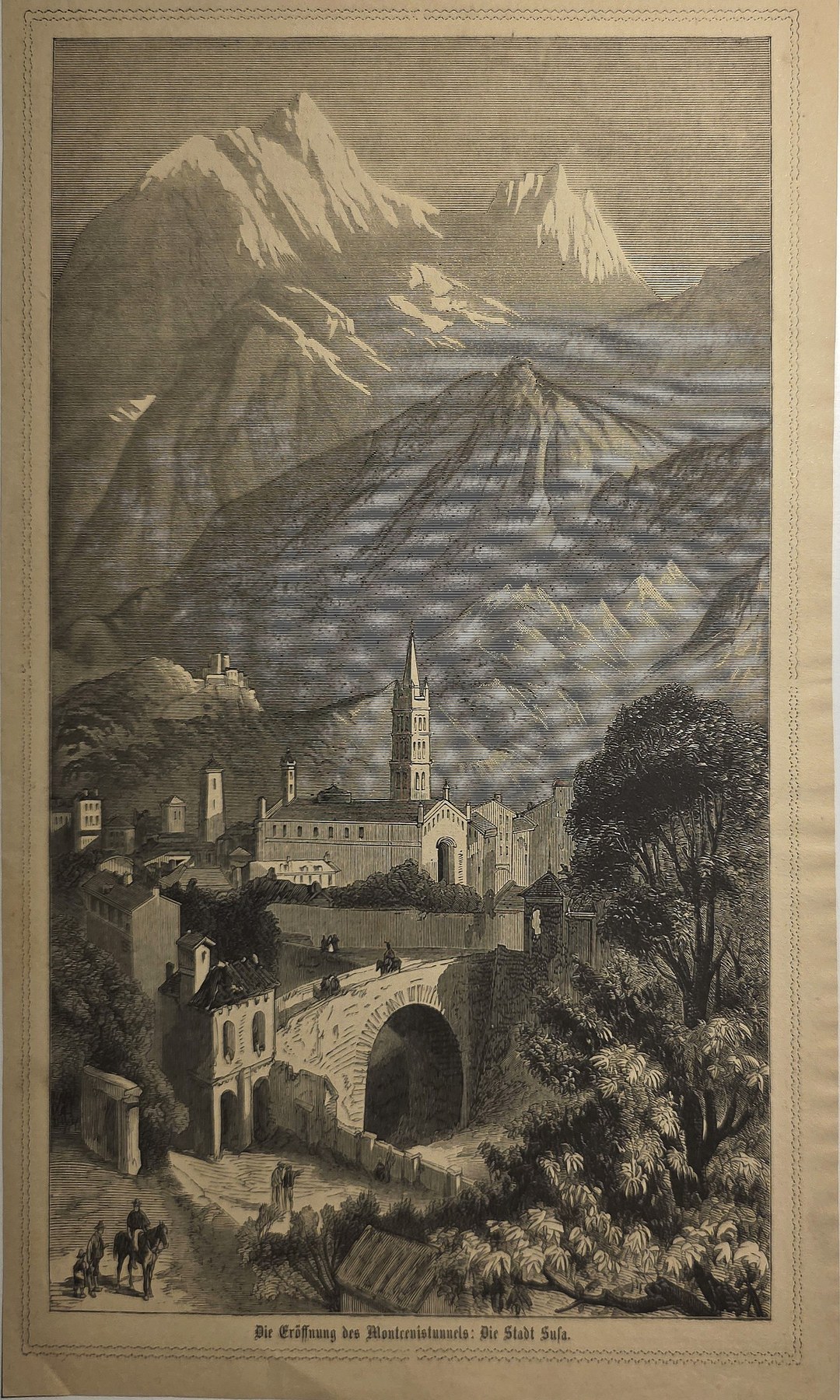 Gebirgslandschaft mit Brücke und fernen Schneegipfeln