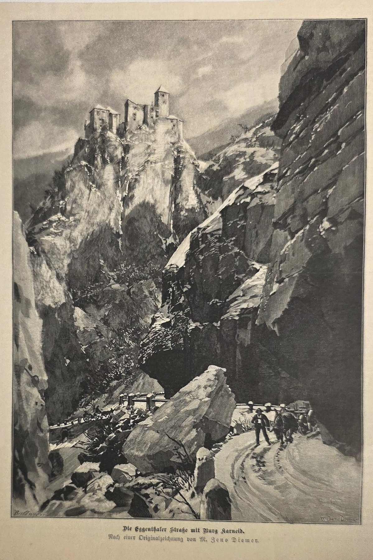 Dramatische Bergschlucht mit kleiner Figurengruppe