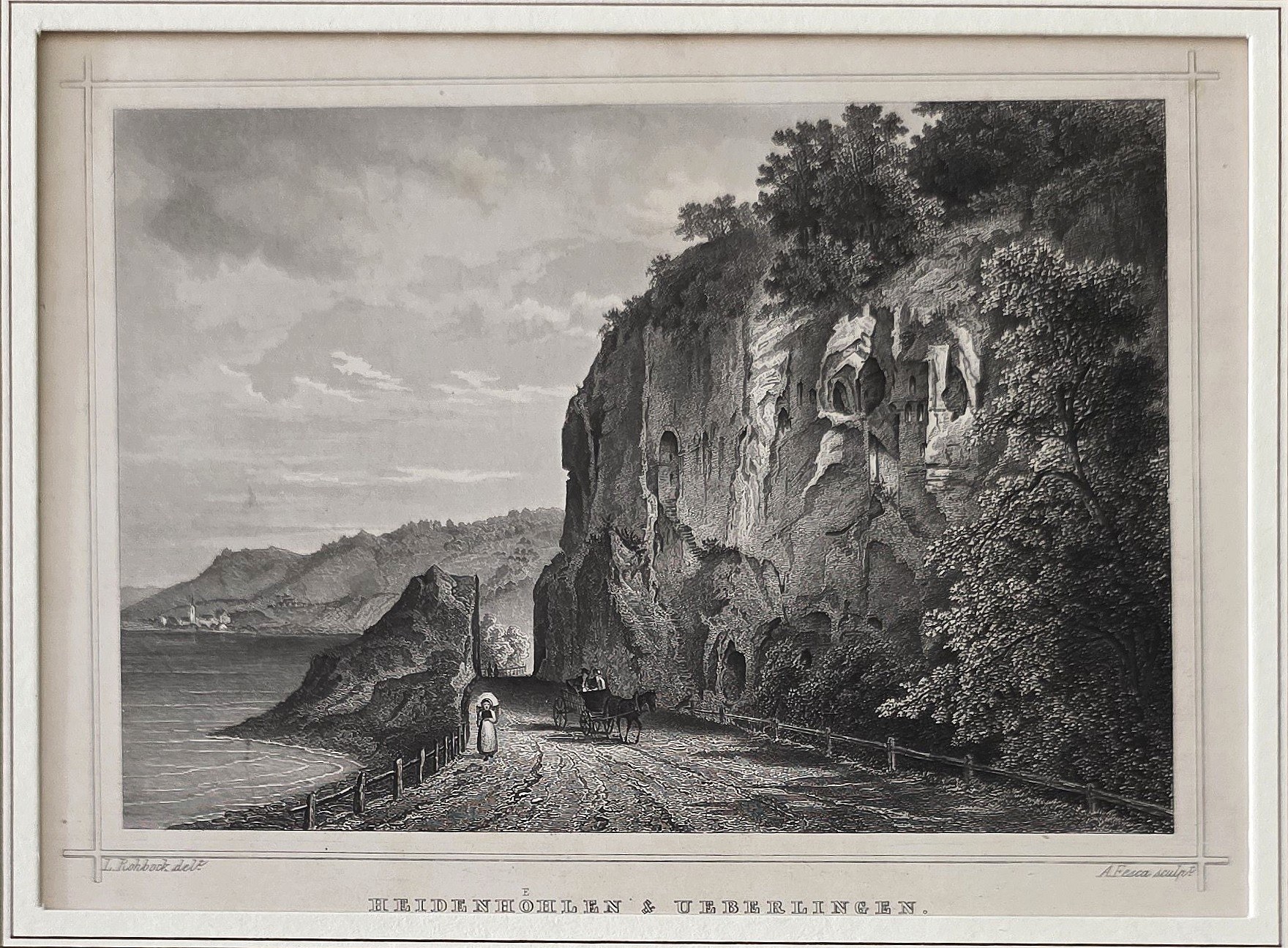Historische Landschaftsdarstellung – Felsenruine am stillen Ufer