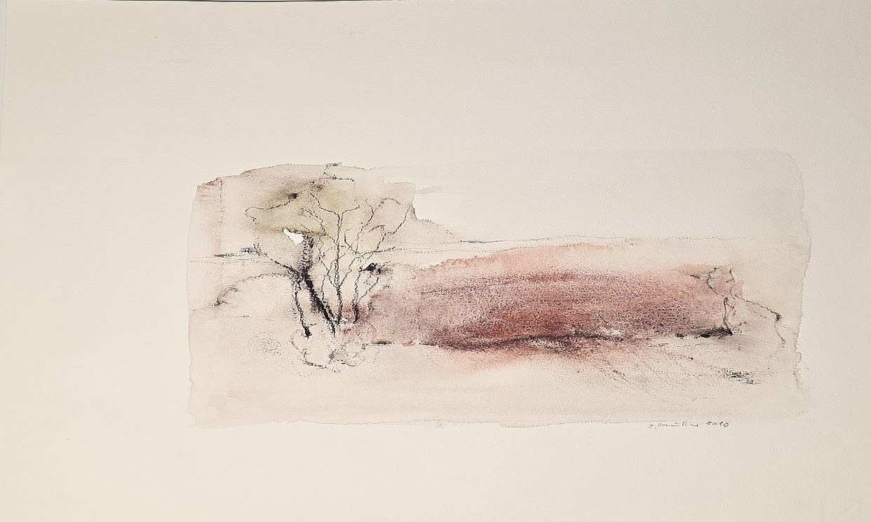Aquarell mit zarter Baumgruppe in offener Landschaft