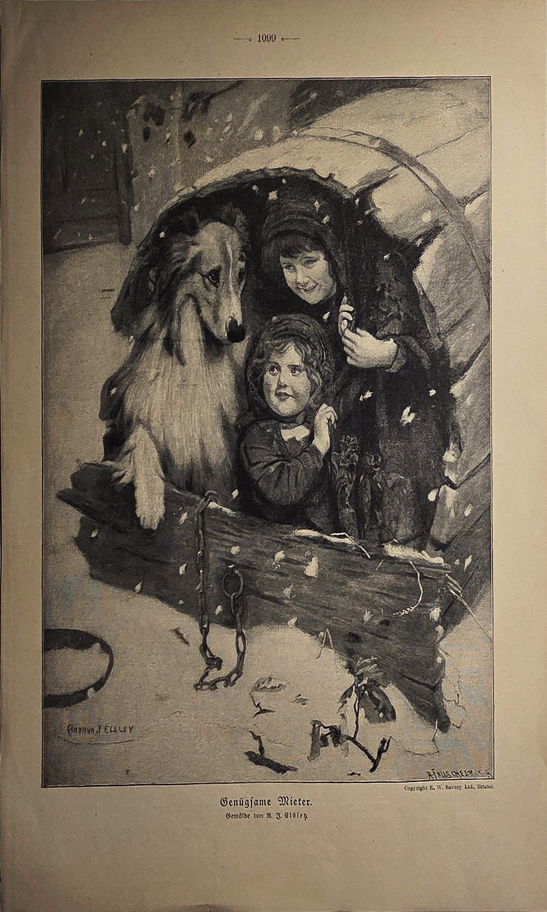 Historische Darstellung – Kinder im Wagen mit großem Hund