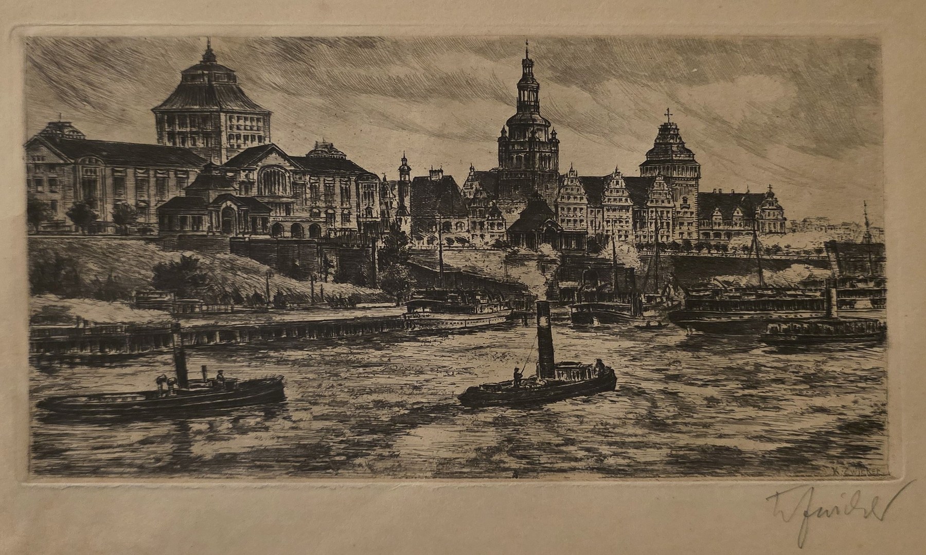 Historische Stadtgrafik mit Ufer und monumentalen Bauten