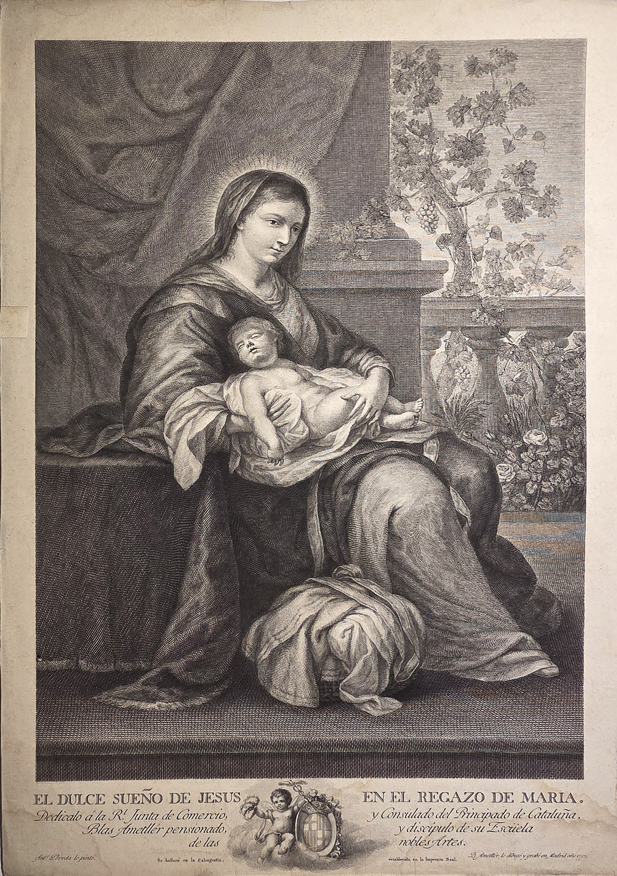 Sakrale historische Darstellung – Madonna mit Kind vor Vorhang und Landschaft