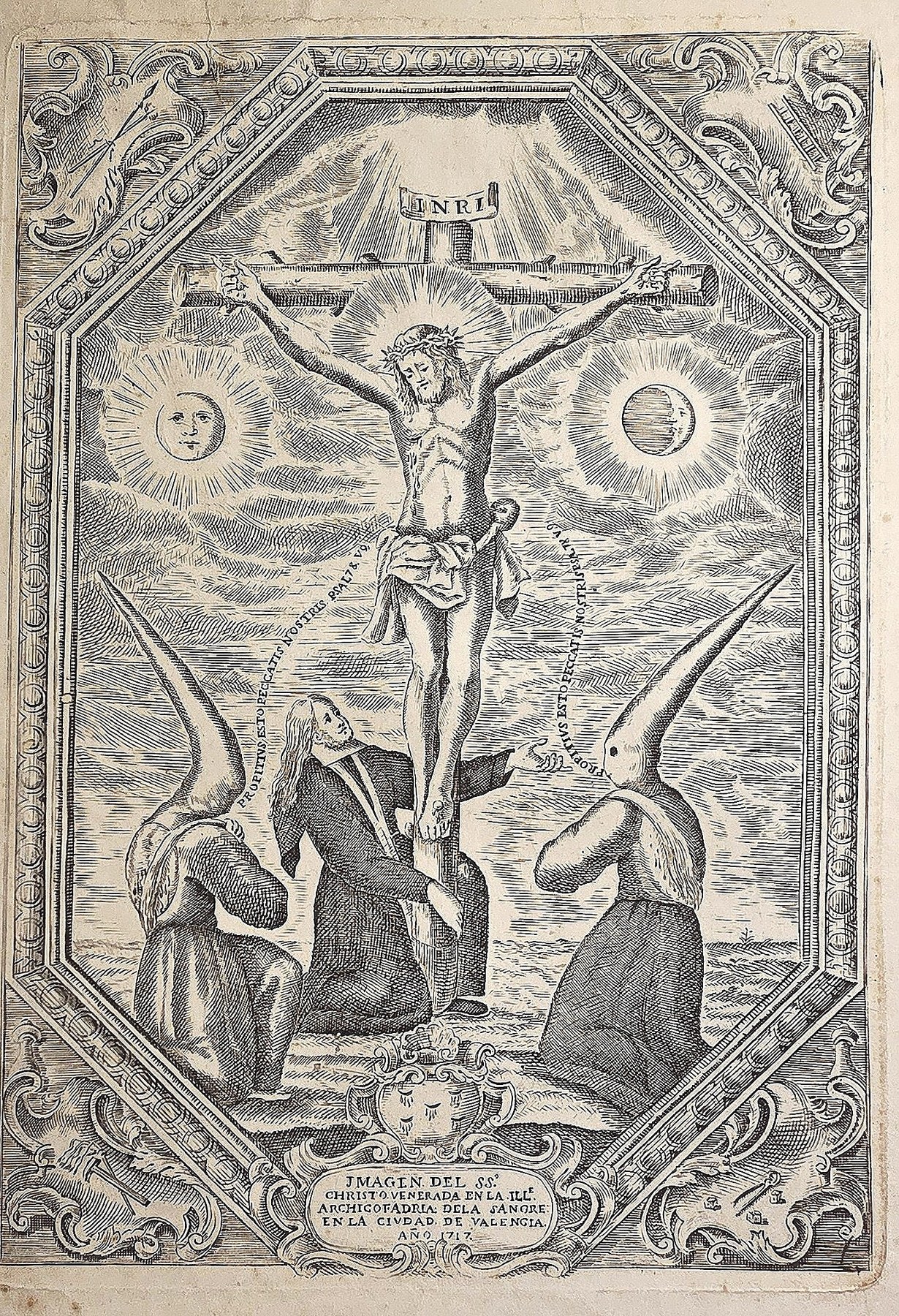 Andachts- mit Kreuzigung, Sonnenmotiven und betenden Figuren