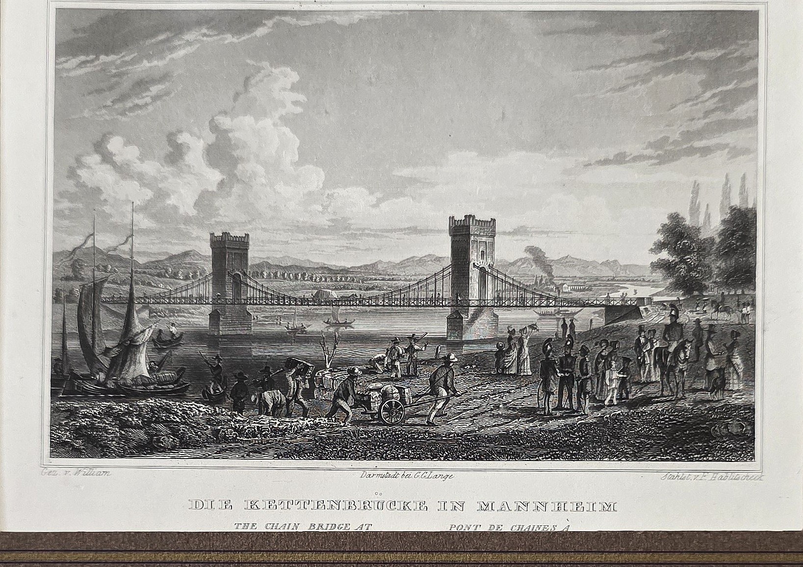Historische Landschaftsdarstellung – Kettenbrücke mit dunklem Uferrahmen