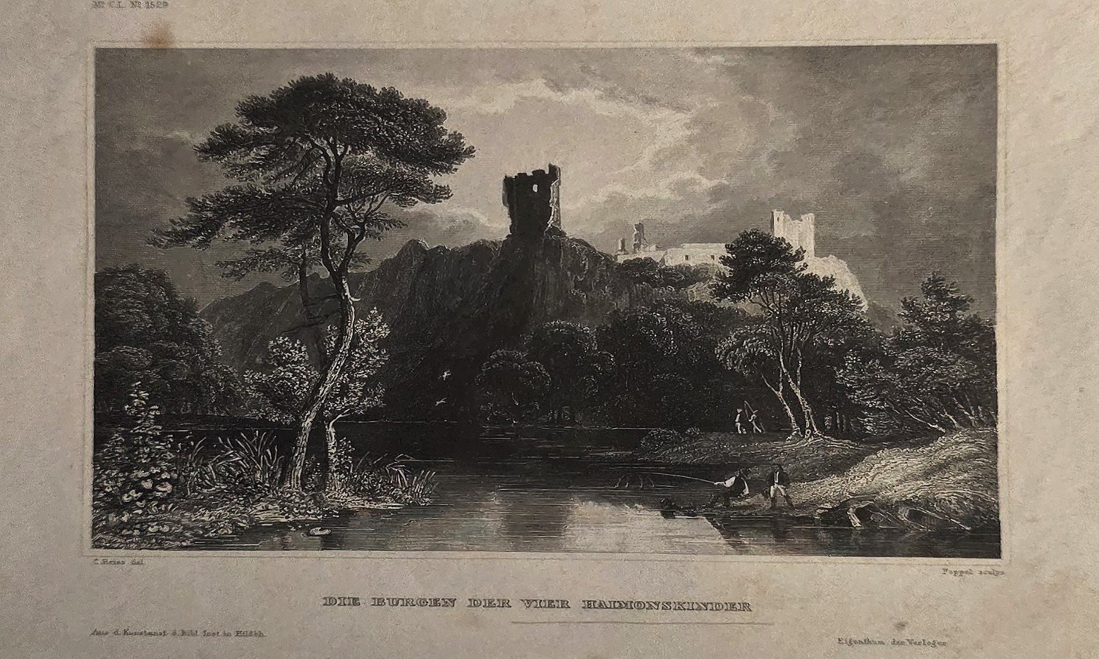 Historische Architekturdarstellung – Burgruine in dunkler Waldlandschaft