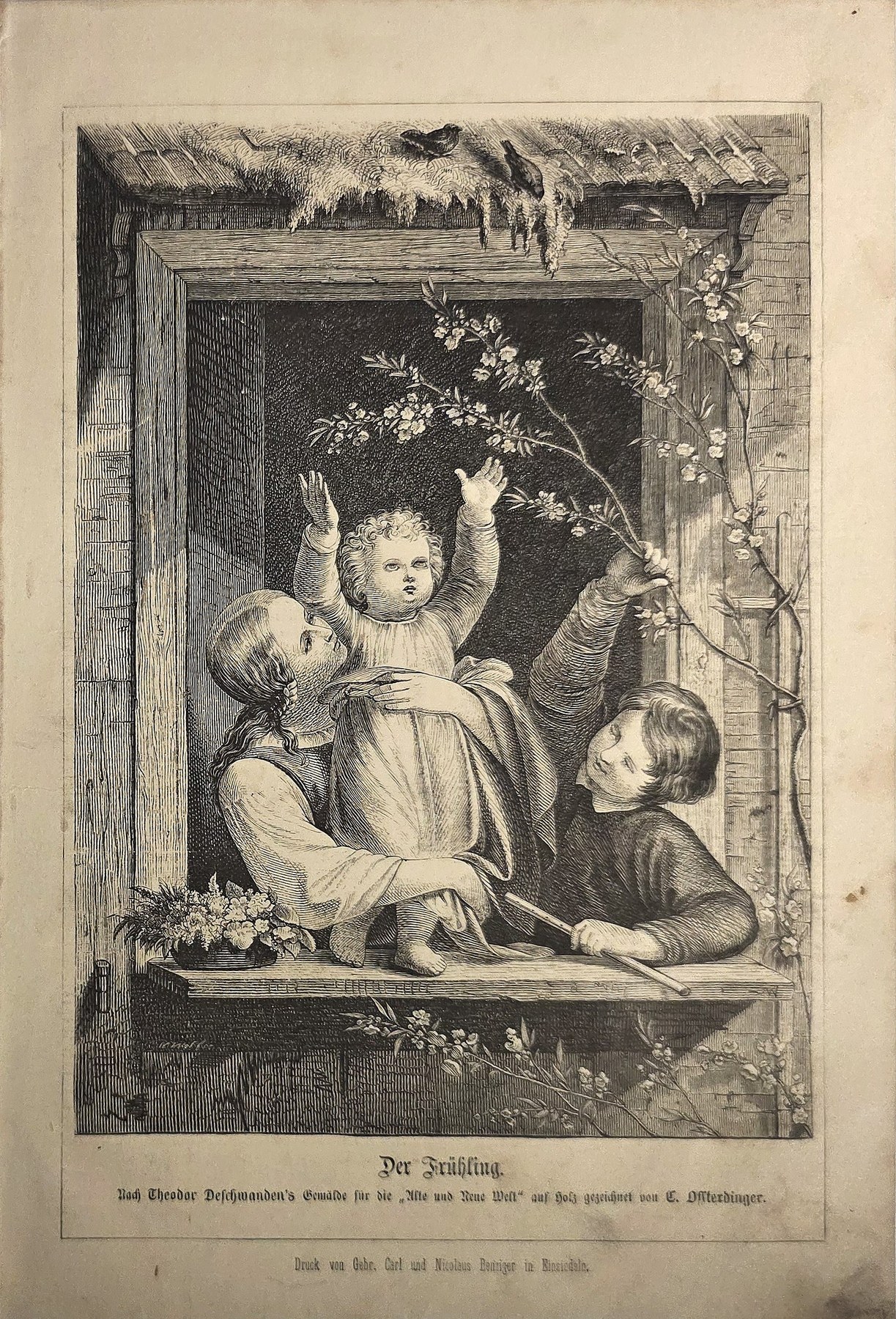 Kind am Fenster mit erhobenen Armen