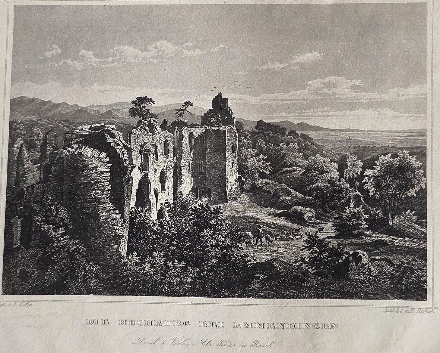 Historische Architekturdarstellung – einer Burgruine in offener Landschaft