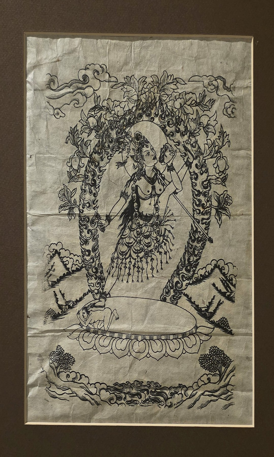 Ornamentale Figurengrafik mit reich geschmückter Gestalt
