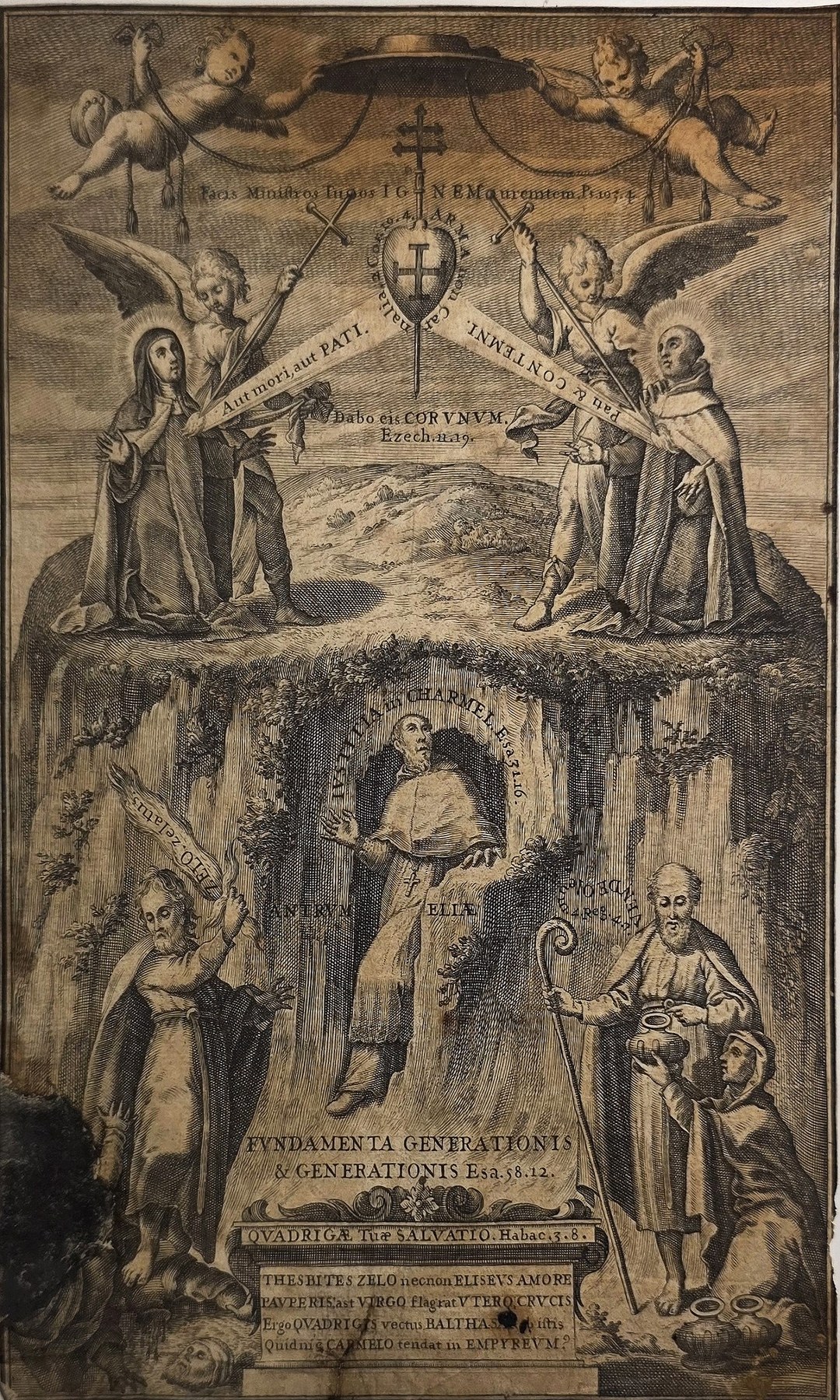 Religiöse Allegorie mit Engeln, Heiligenfiguren und Kreuzsymbolen
