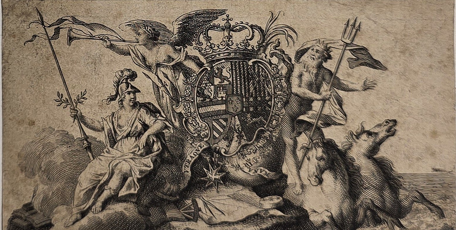 Allegorische Wappenszene mit Figuren und Fabelwesen
