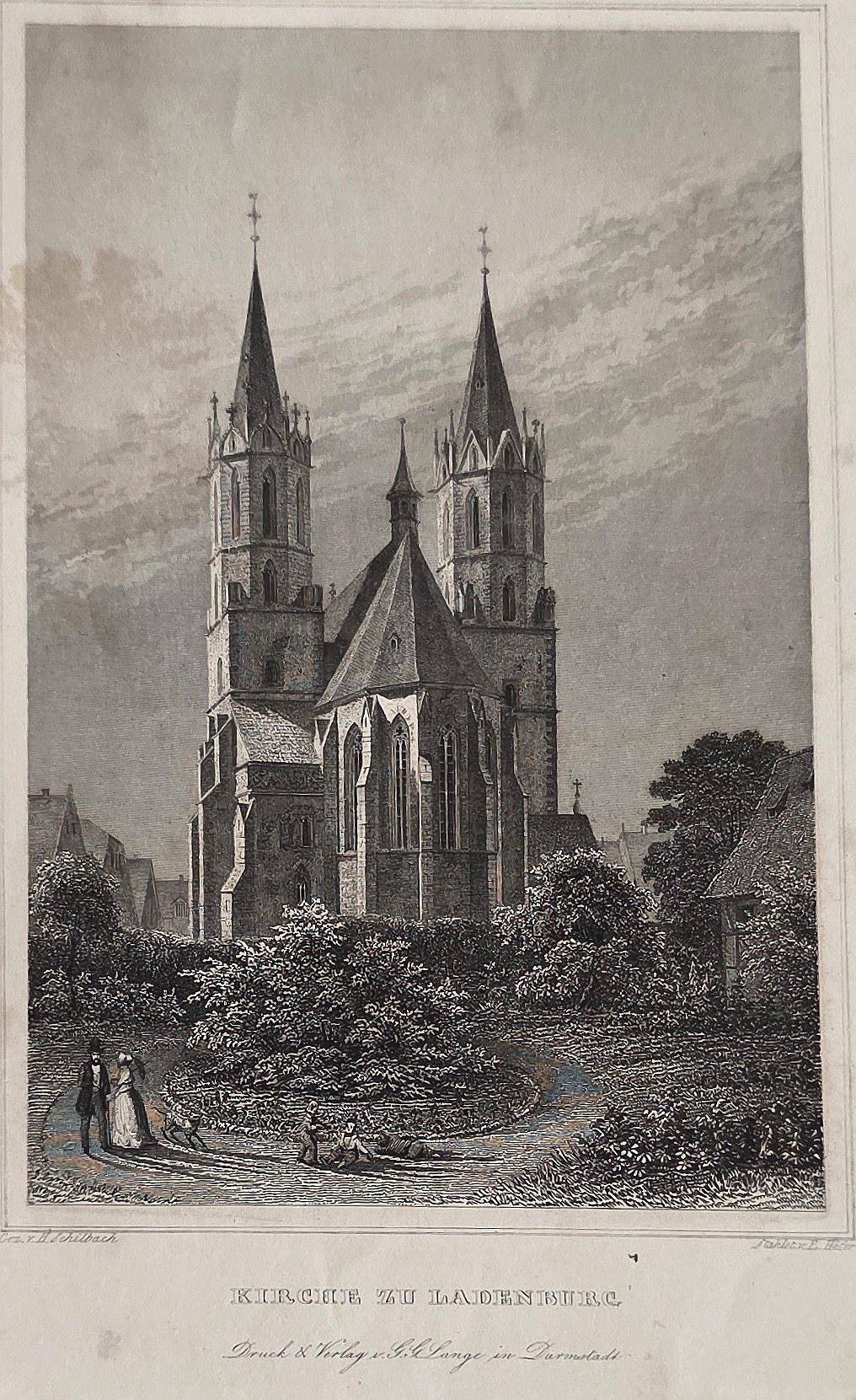 Historische Darstellung – Doppelturmkirche hinter Baumgruppen