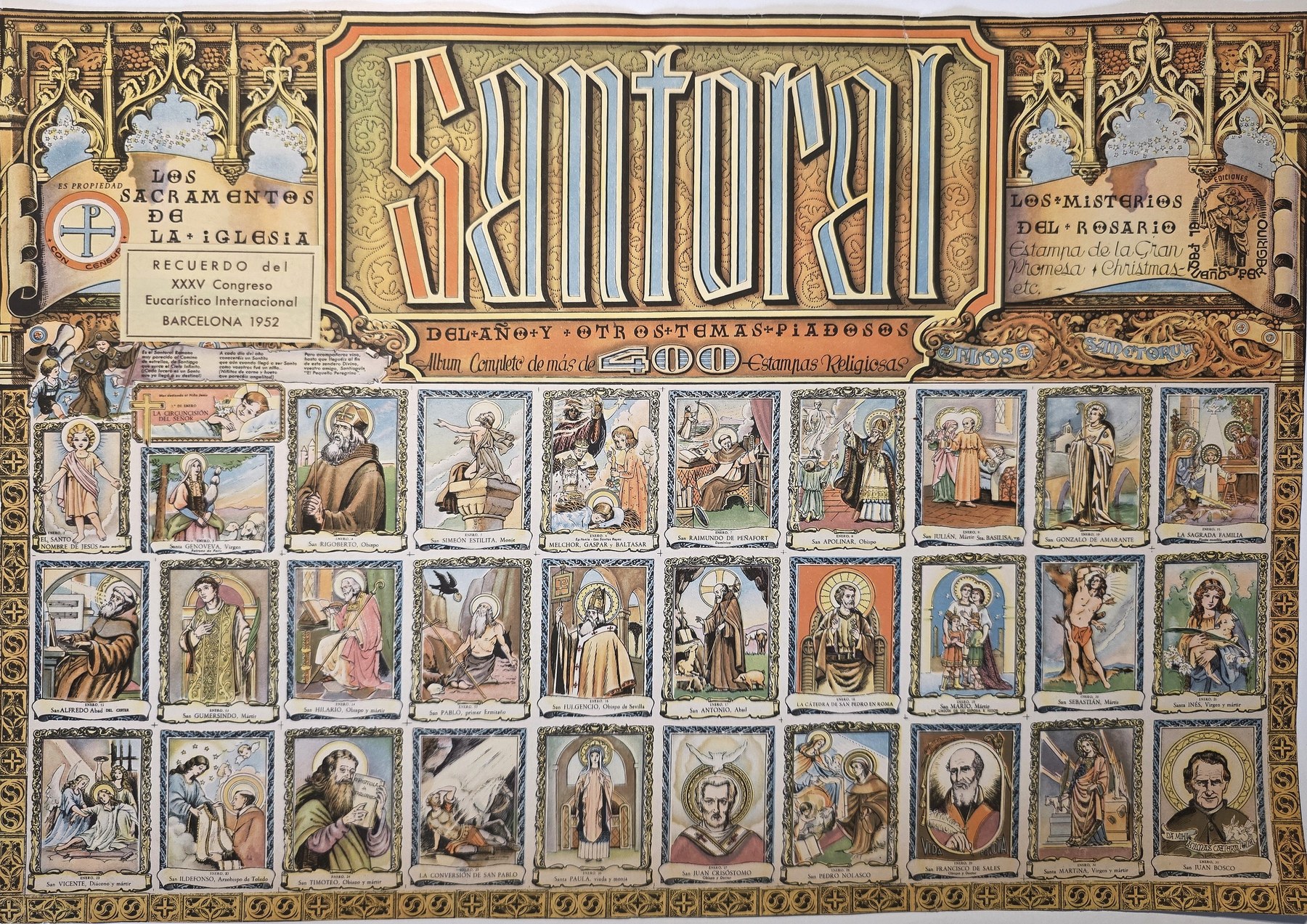 Farbiger Heiligenkalender mit vielen kleinen Bildfeldern