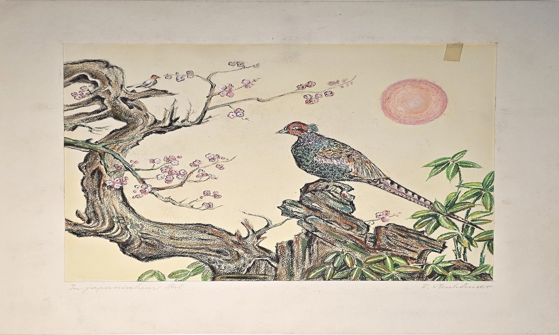 Aquarell mit Vogel auf knorrigem Blütenast