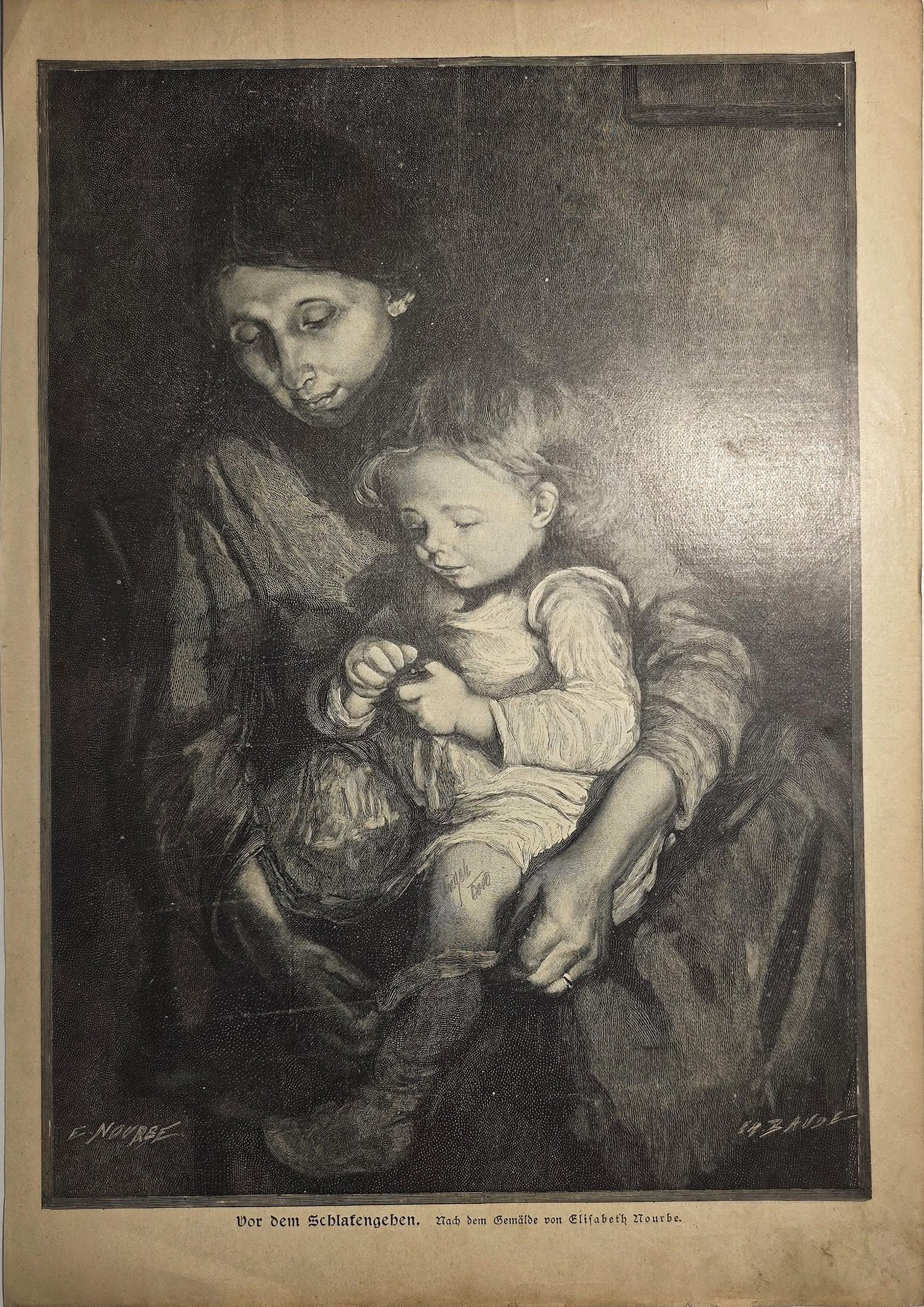 Historische Darstellung – Mutter mit Kind in dunklem Raum