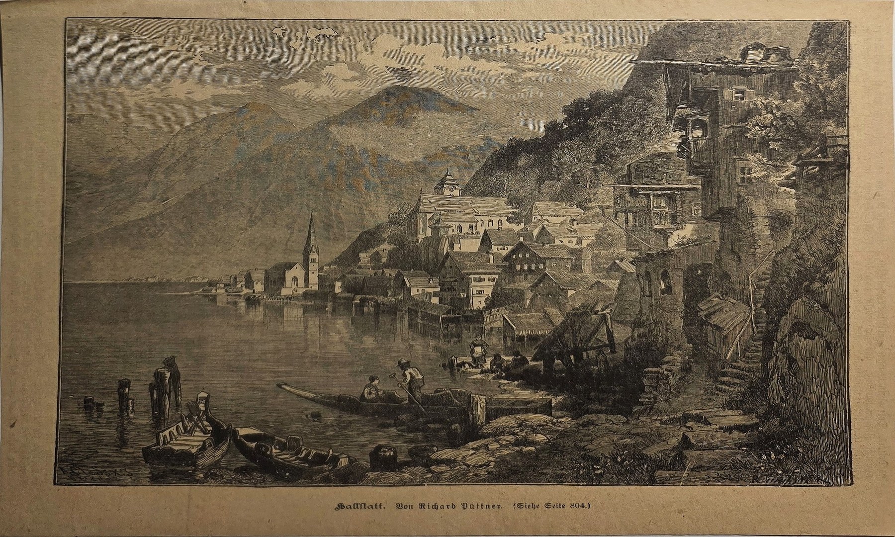 Historische Landschaftsdarstellung – Uferort unter steilem Berghang