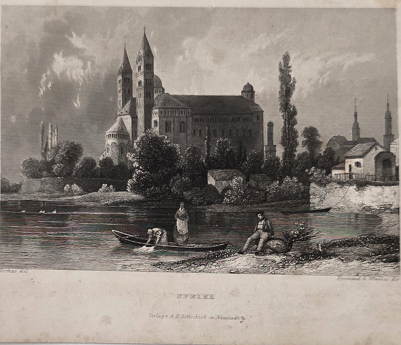 Kirche am Flussufer mit Booten