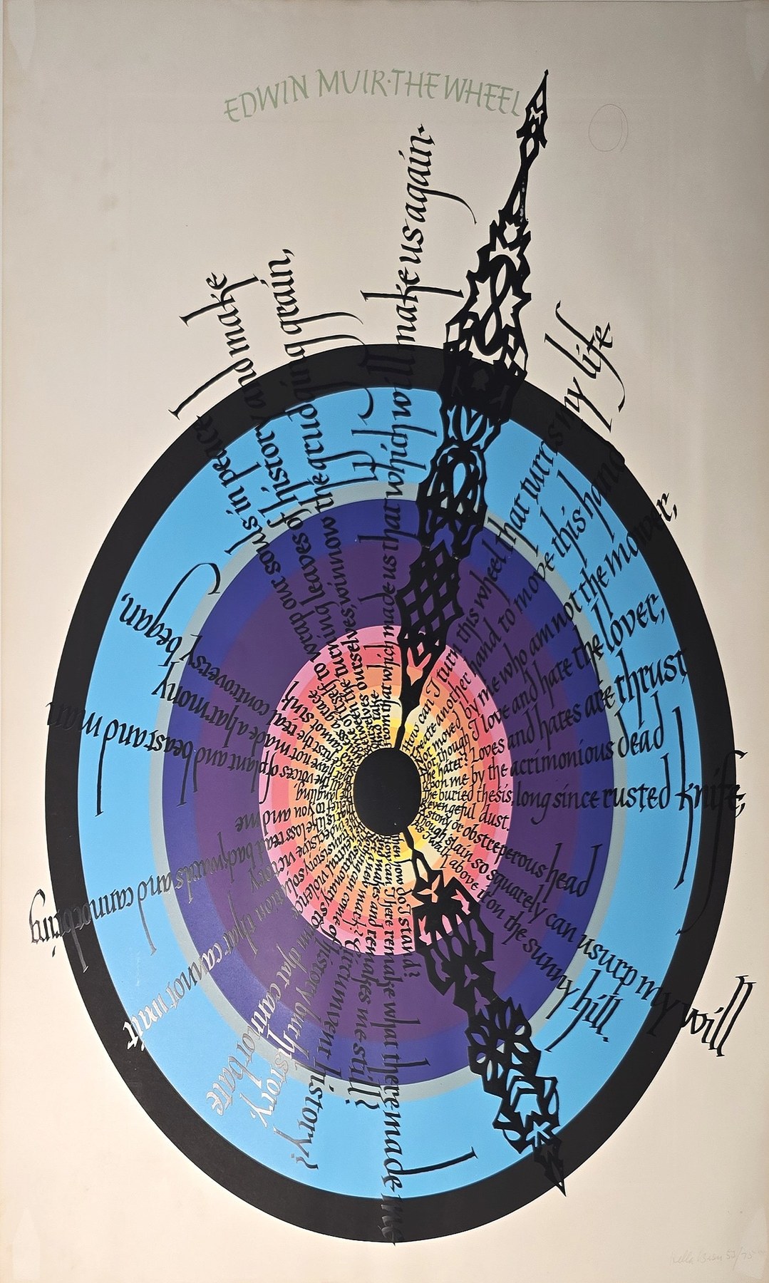 Kreisförmige Farbkomposition mit Schrift und Zeigerform