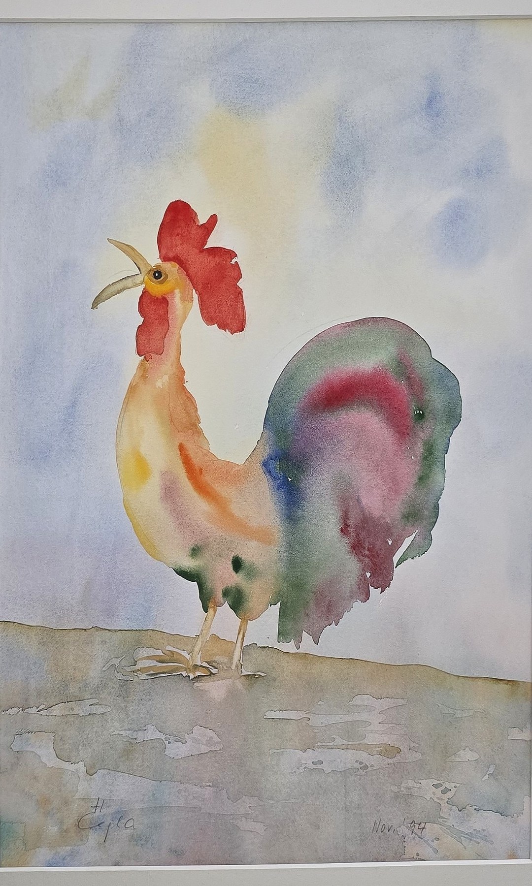 Aquarell mit farbigem Hahn