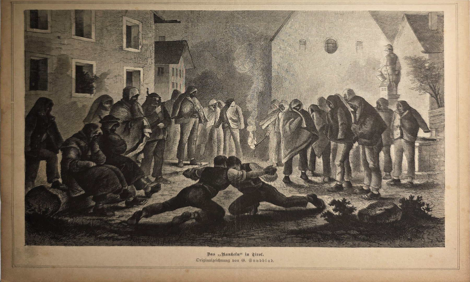 Menschenmenge in dramatisch beleuchtetem Raum