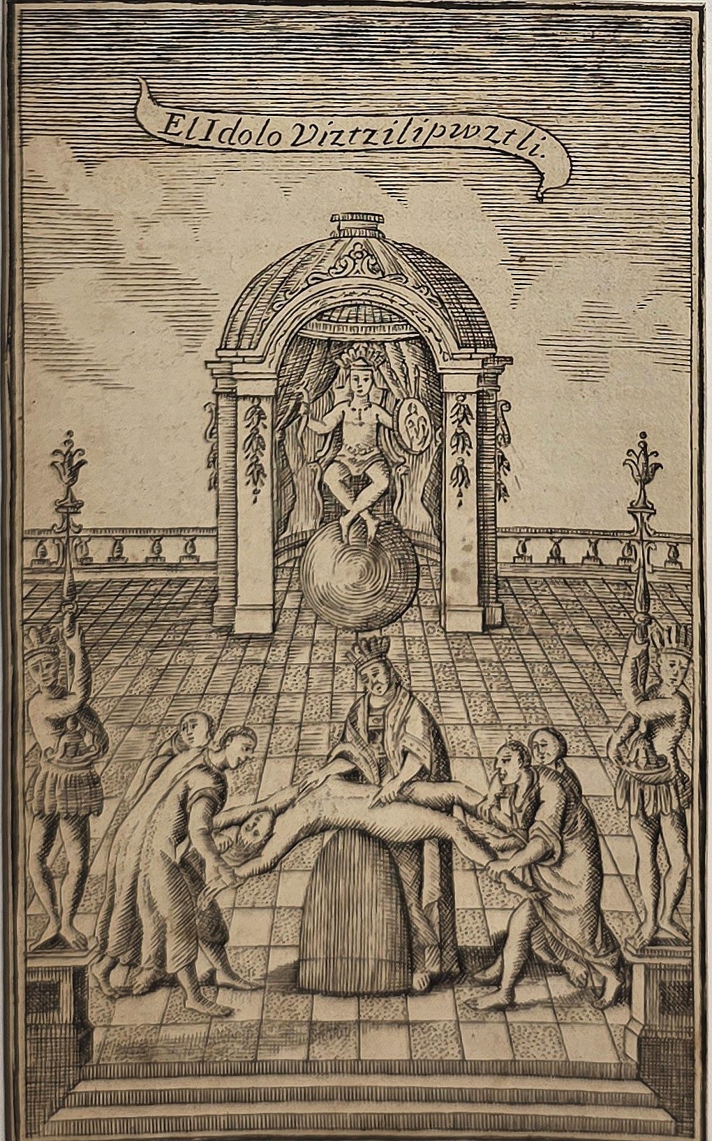 Symbolische Tempelszene mit liegender Figur
