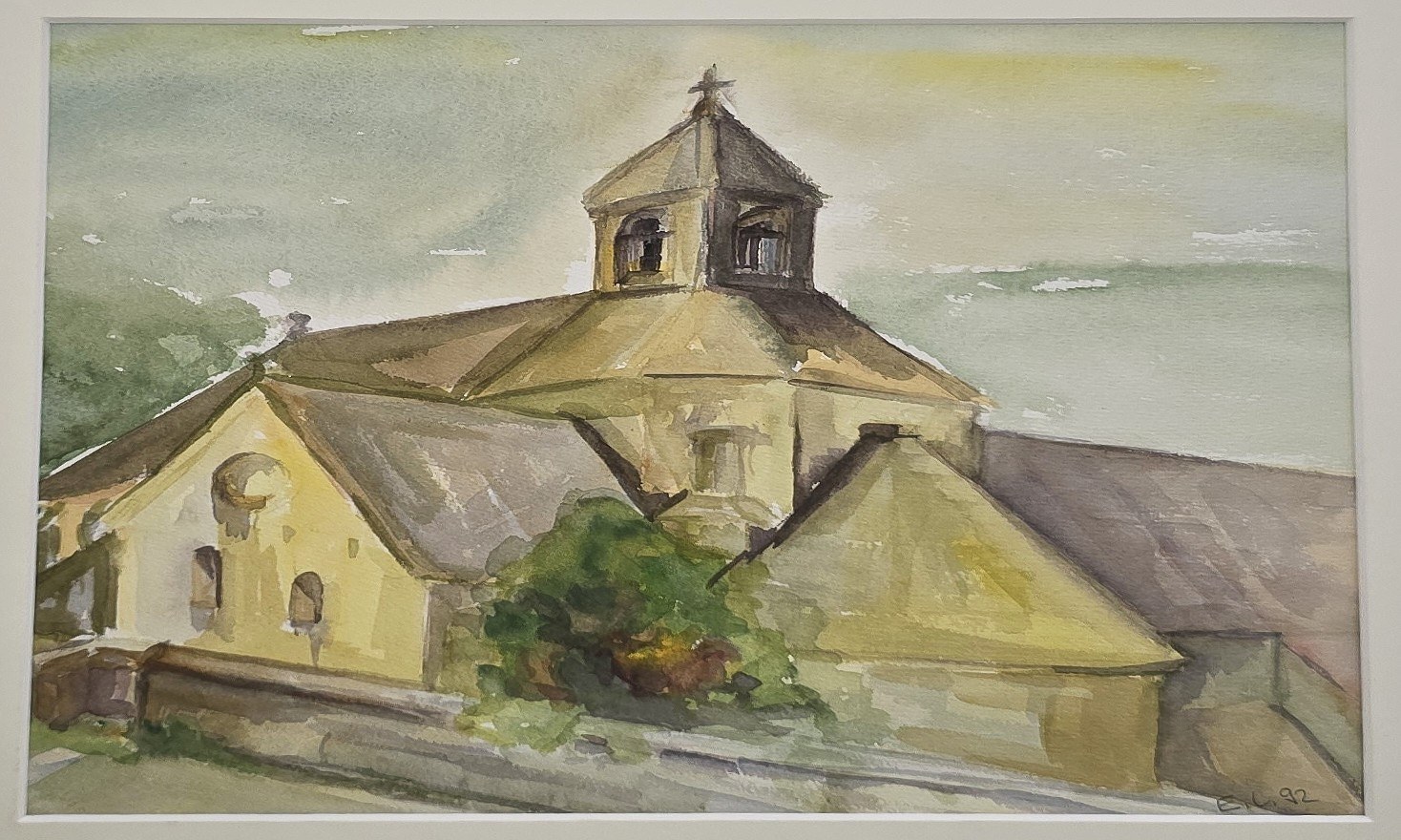 Aquarell mit gelbem Kirchenbau und Dachreiter