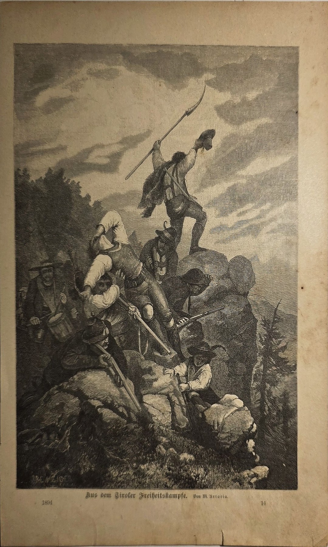 Historische figürliche Darstellung – Figurengruppe an steilem Felshang