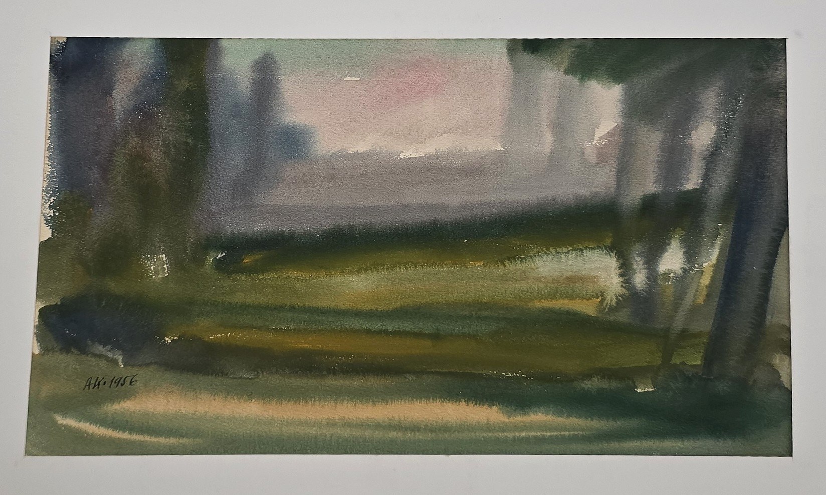 Historische Darstellung – Aquarell mit dunklem Parkweg und Baumstämmen