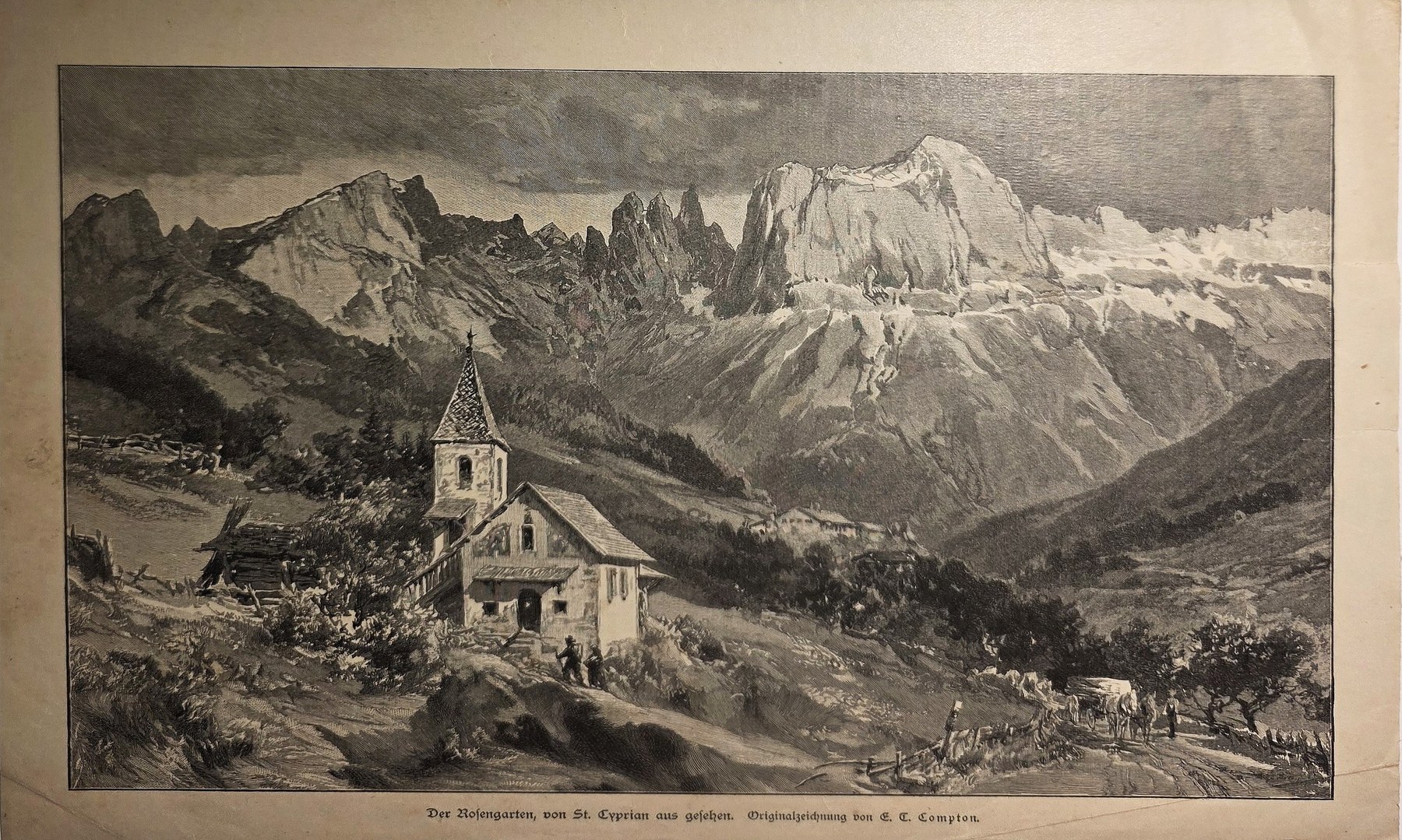 Alpines Tal mit Kirche und schroffen Gipfeln