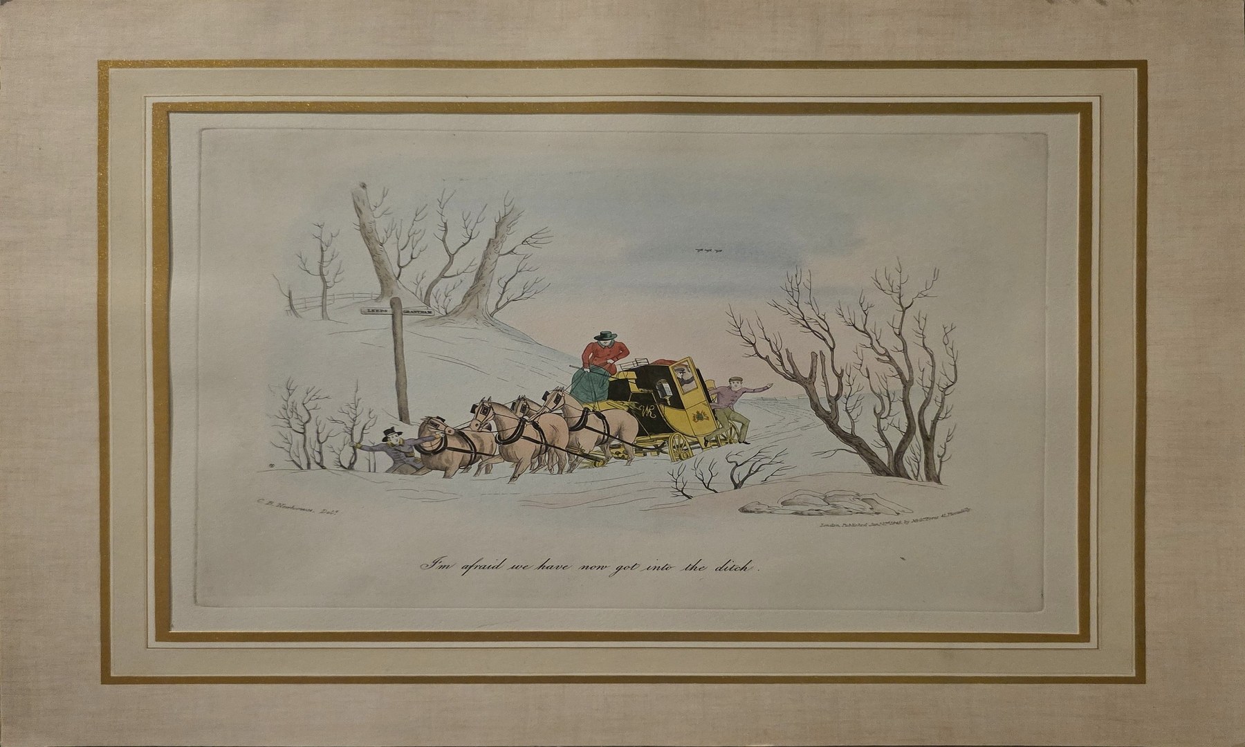 Historische Wintergrafik mit Pferdeschlitten