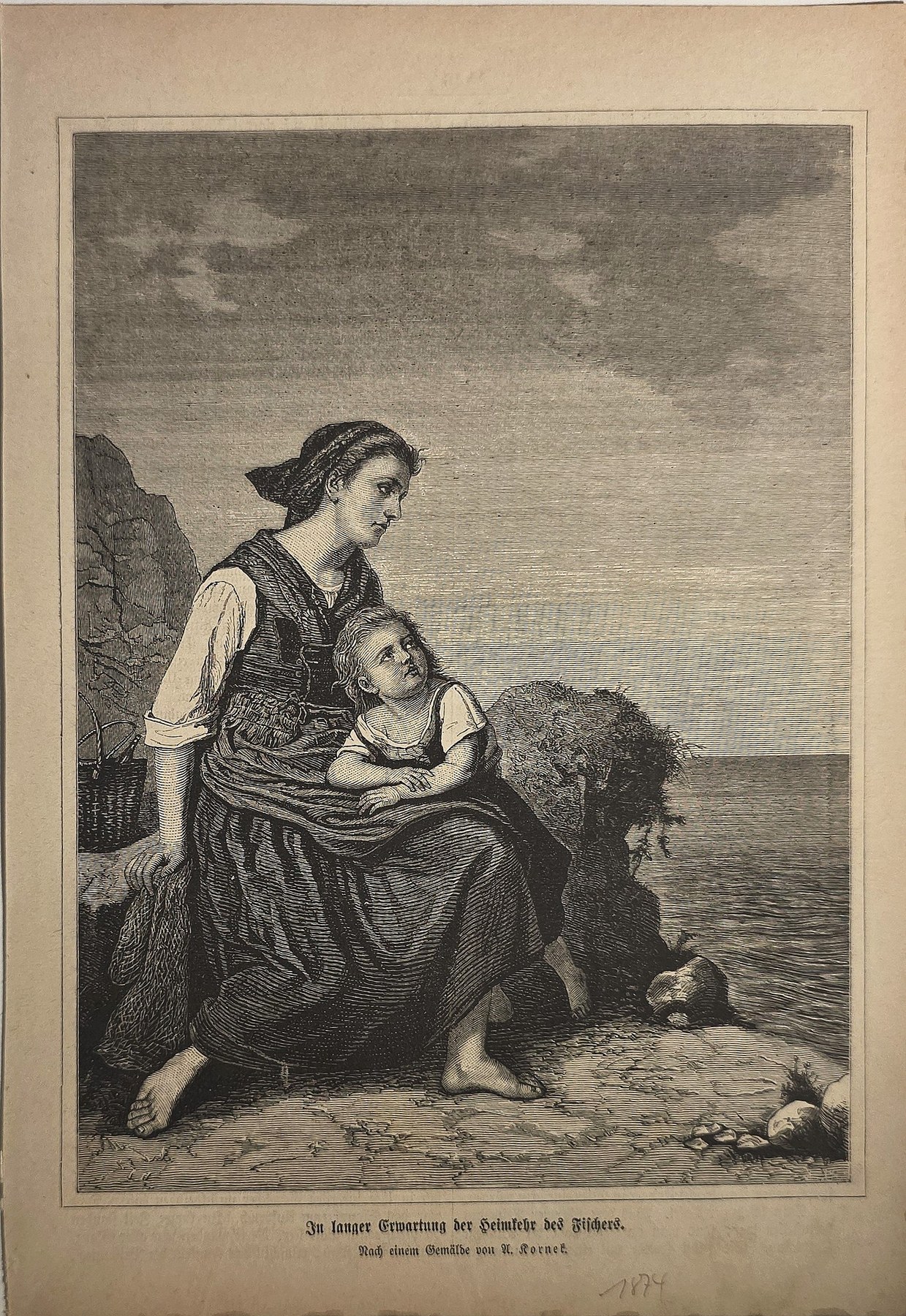 Historische Landschaftsdarstellung – Mutter mit Kind und Hund am Ufer