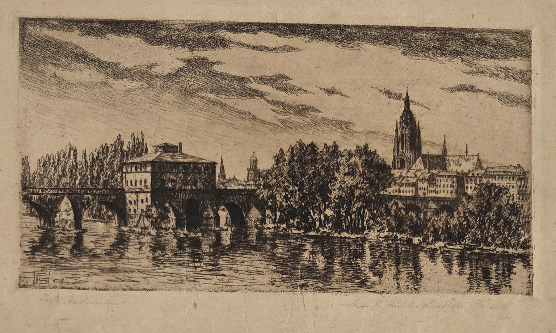 Uferstadt mit Kirche und Baumreihen